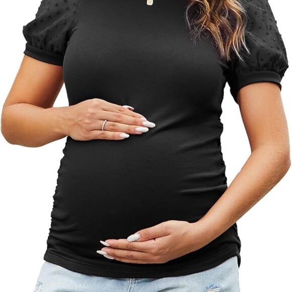 NEW WITH TAGS: XL Maternity Puff Sleeve Summer Tops Crew Swiss Dot Lace Shirts - Picture 1 of 6